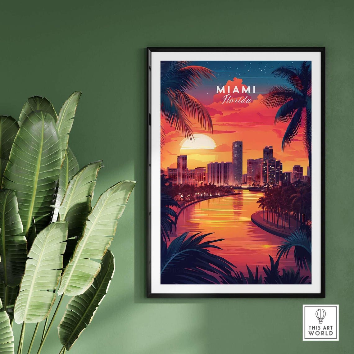 Miami Florida Sunset Skyline Palm Trees Glowing River View Poster - Image 2
