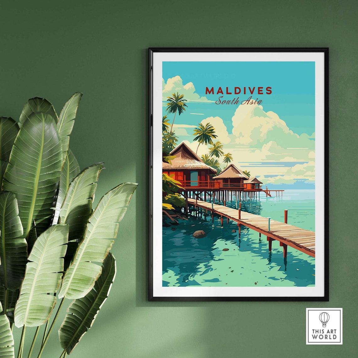Maldives South Asia Overwater Bungalows Palm Tree Ocean Poster - Image 2
