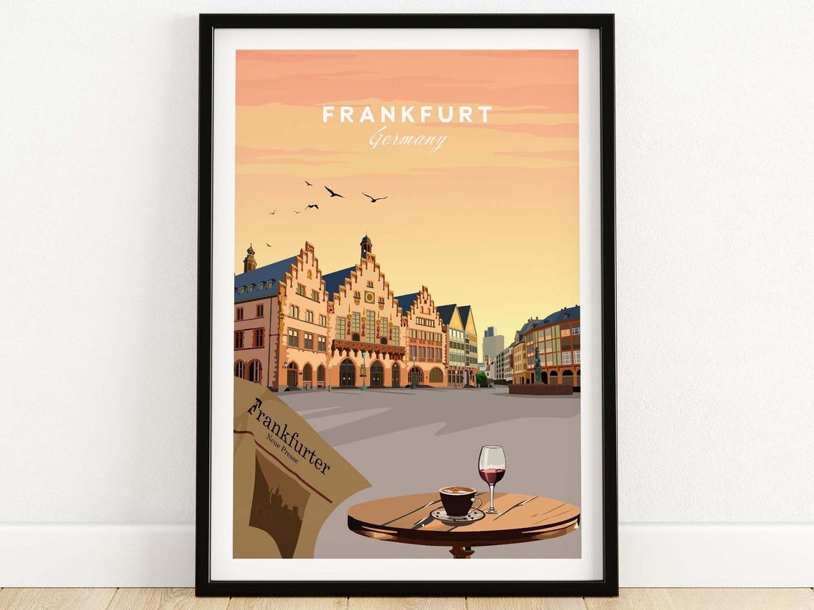 Frankfurt Germany Old Town Square Cafe Vintage Travel Poster