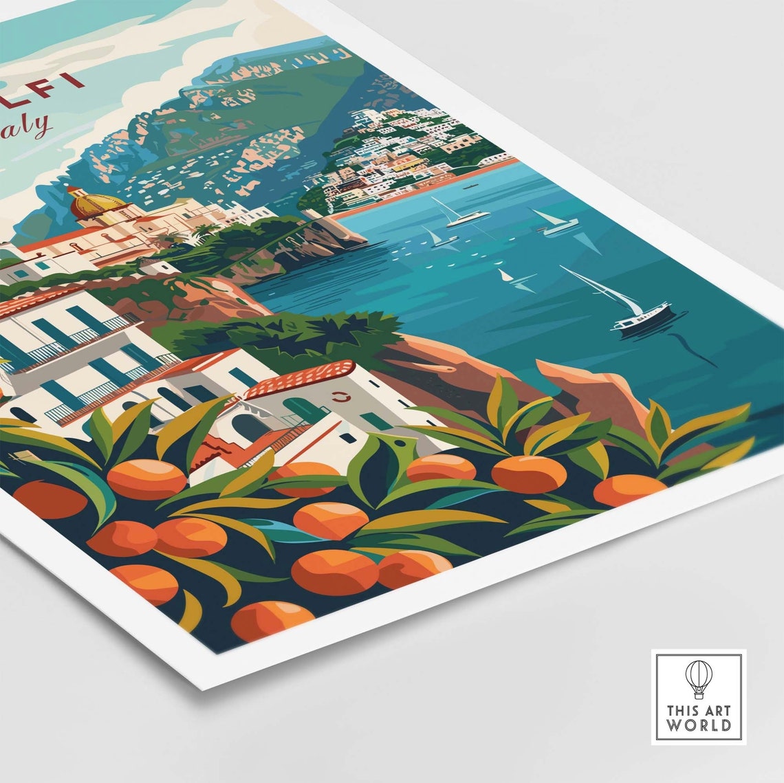 Amalfi Italy Orange Grove Cliffside Coast Sailboats Travel Poster - Image 4