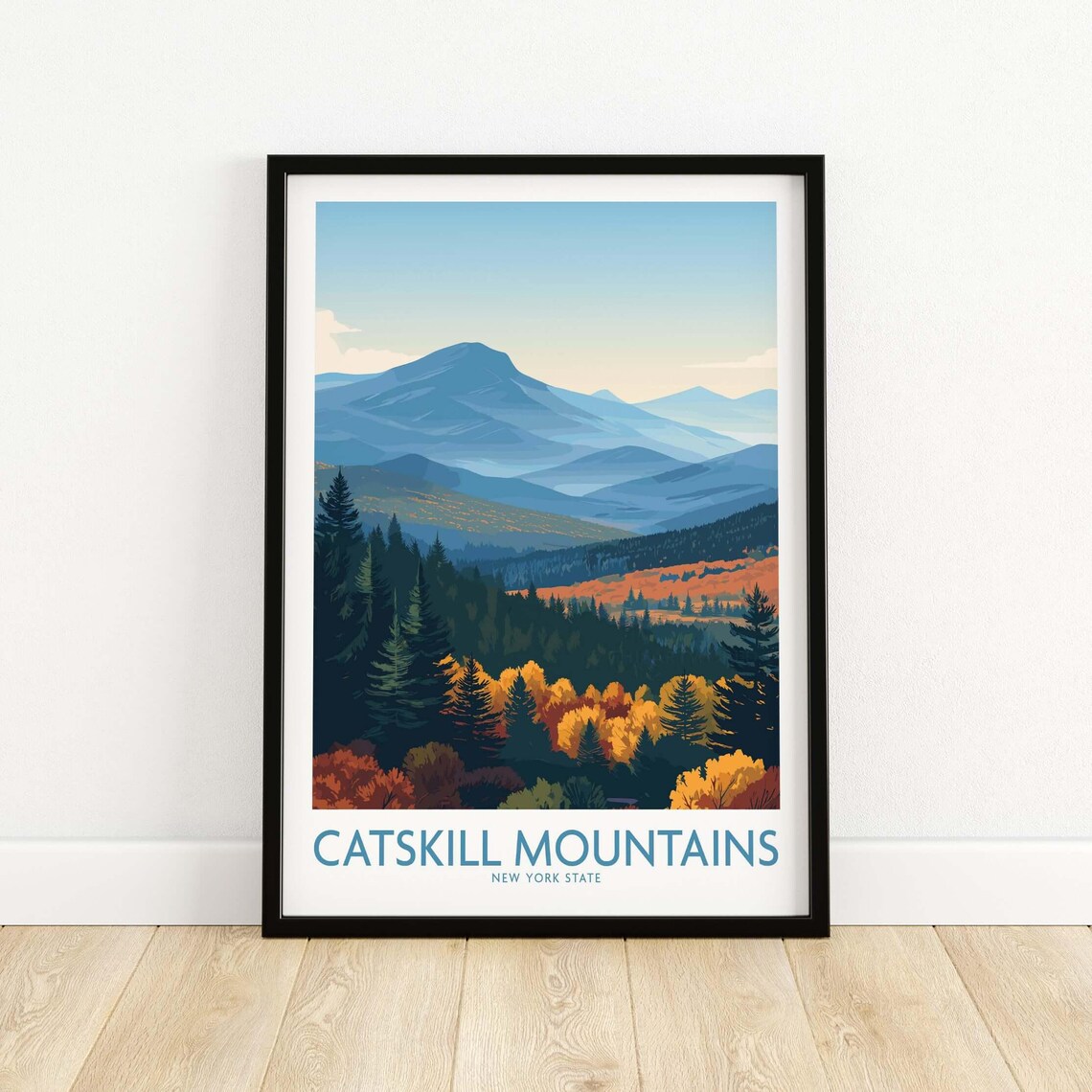 Catskill Mountains Blue Fall Travel Poster, Rustic New York