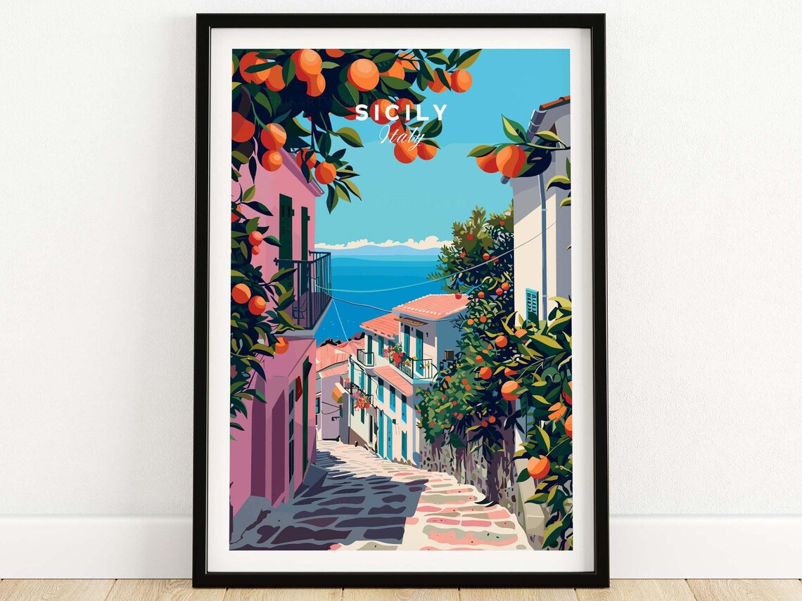 Sicily Italy Orange Grove Cobblestone Street Sea View Art Poster