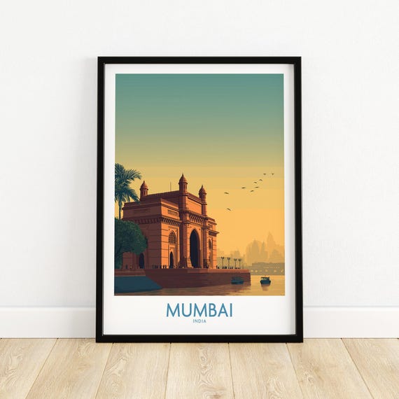 Mumbai Travel Print Historic Gateway Of India Wall Art Vintage Poster Landmark Decor Cityscape Illustration Gift