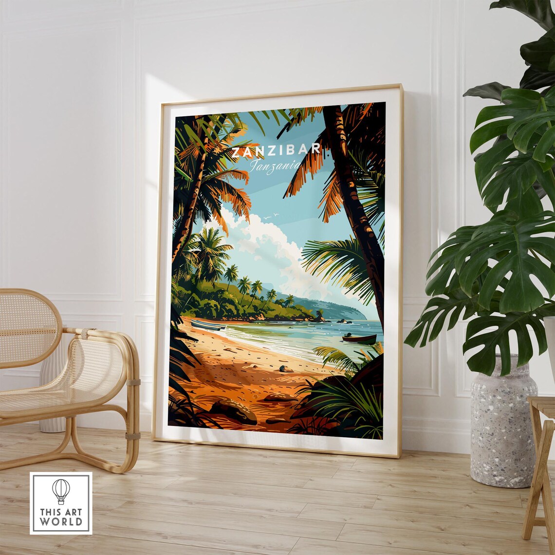 Zanzibar Tanzania Palm Beach Fishing Boats Vintage Art Poster - Image 2