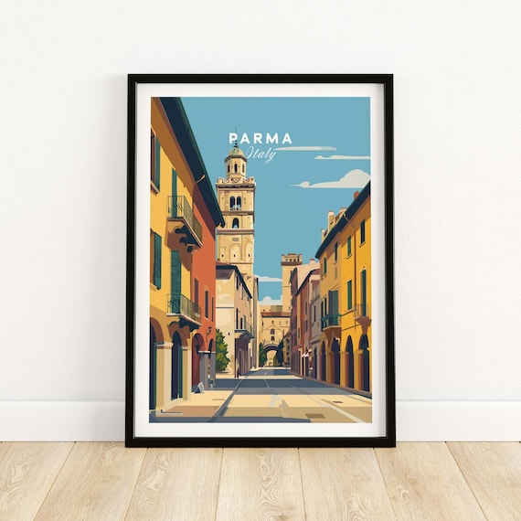 Parma Italy Cathedral Bell Tower Street Scene Vintage Travel Poster