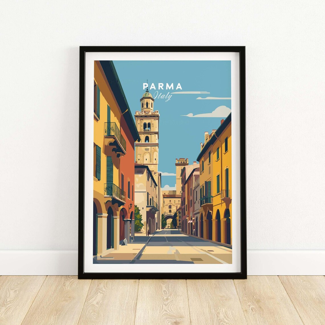 Parma Italy Cathedral Bell Tower Street Scene Vintage Travel Poster