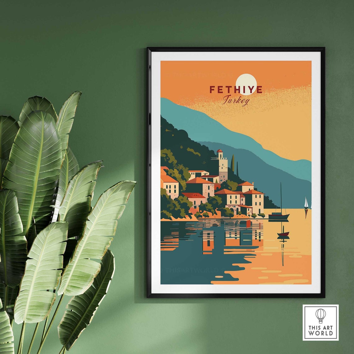 Fethiye Turkey Sunset Harbor Golden Water Reflection Art Poster - Image 2