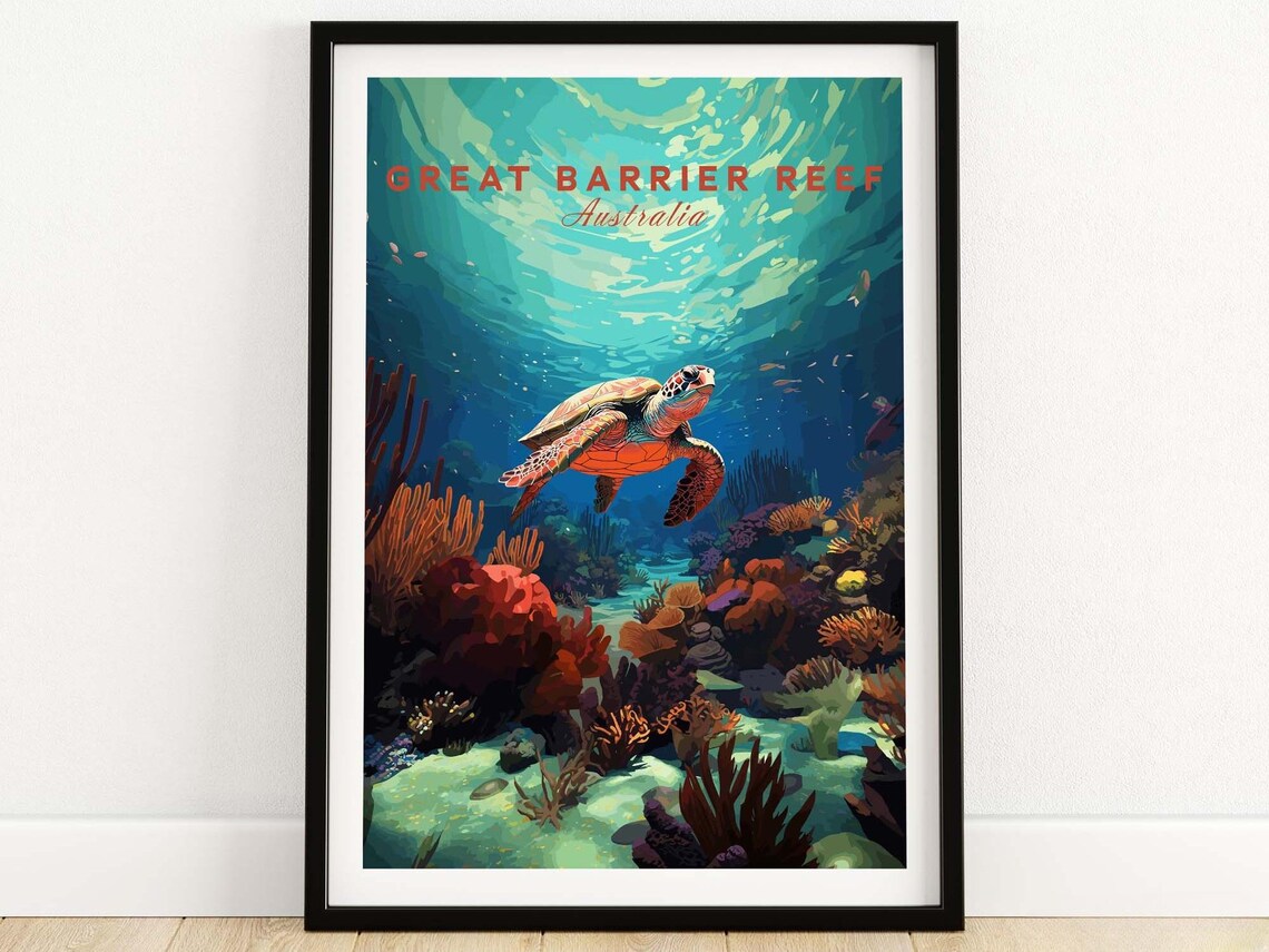 Great Barrier Reef Poster With Turtle Travel Poster Art Home Dcor Artwork Birthday Present Wedding Anniversary Gift