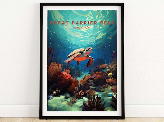 Great Barrier Reef Poster With Turtle Travel Poster Art Home Dcor Artwork Birthday Present Wedding Anniversary Gift
