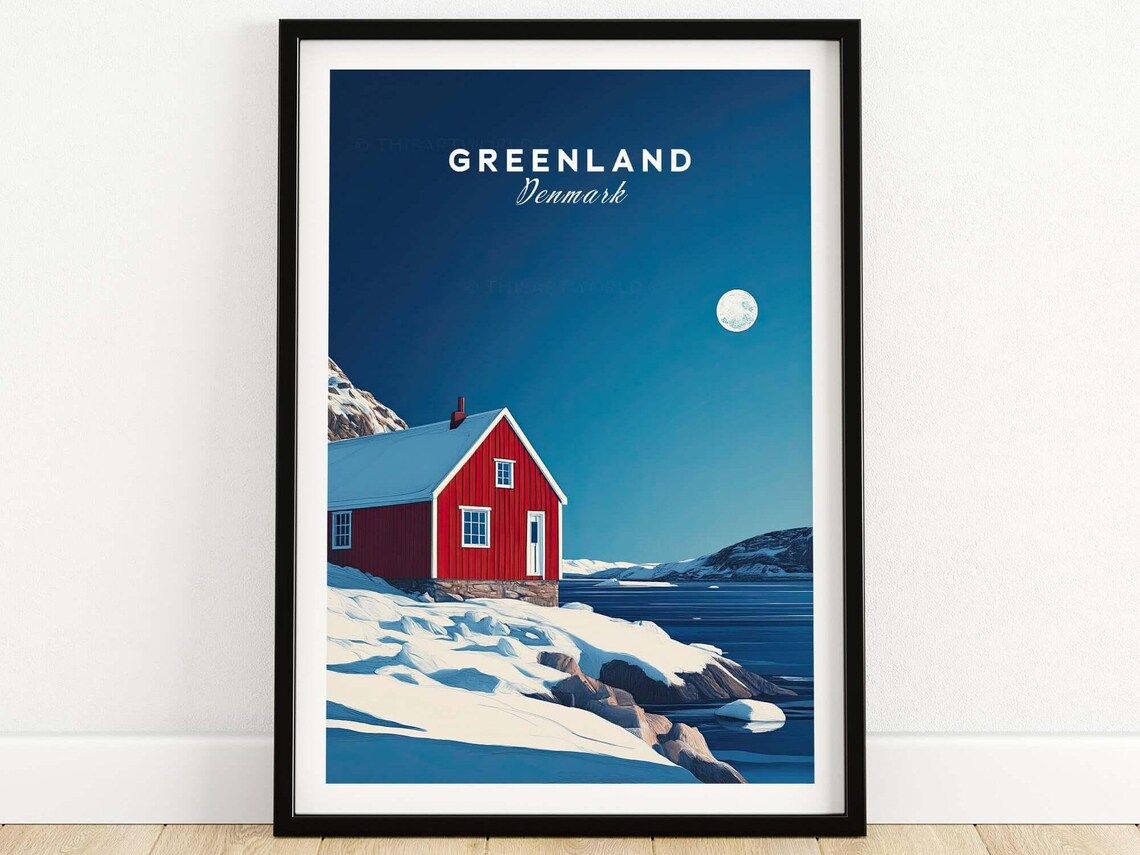 Greenland Denmark Red Cabin Moonlit Snow Vintage Travel Poster