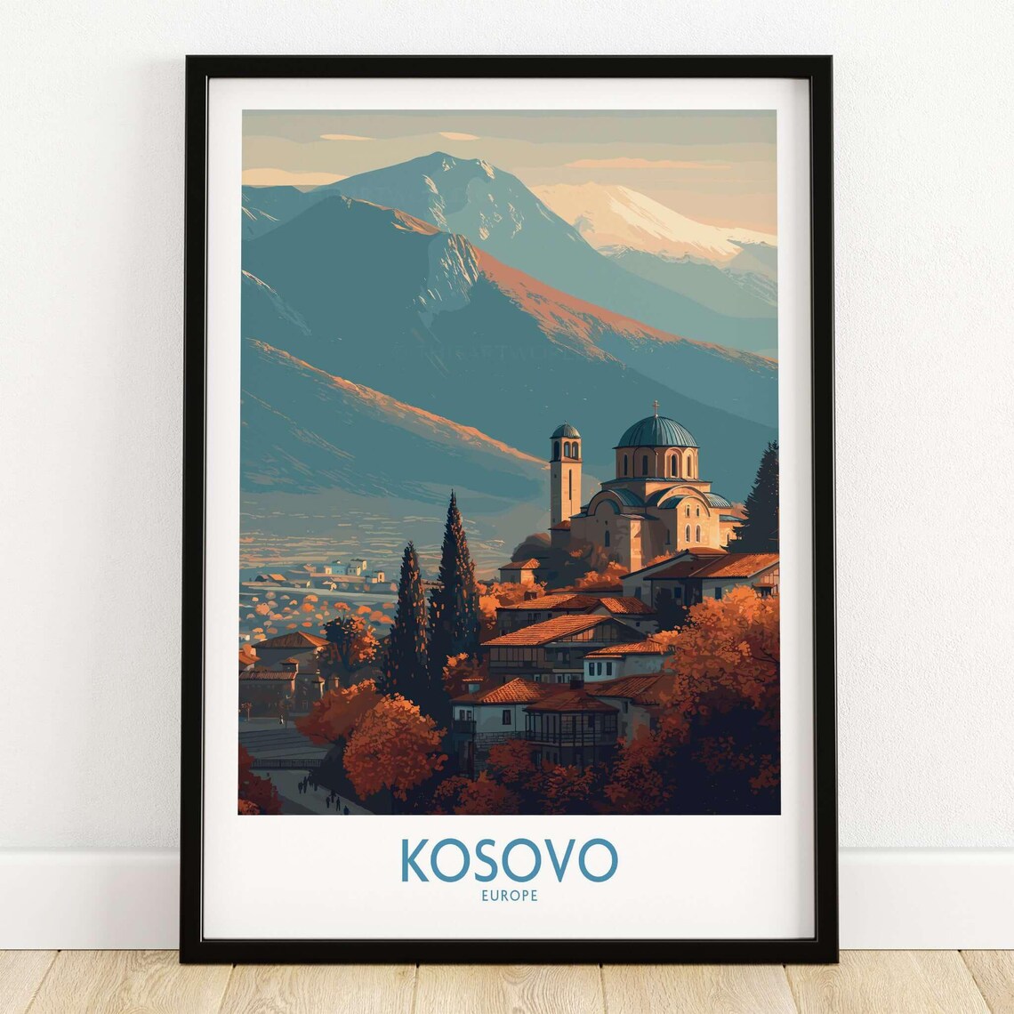 Kosovo Europe Autumn Mountain Monastery Church Vintage Travel Poster
