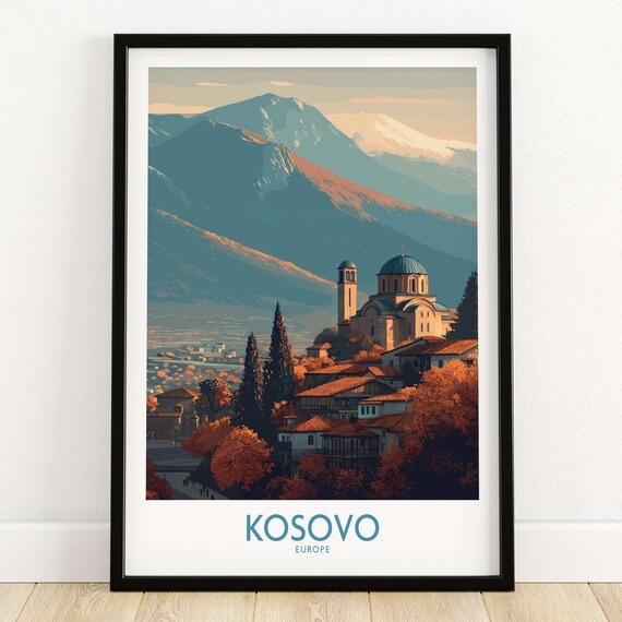 Kosovo Europe Autumn Mountain Monastery Church Vintage Travel Poster