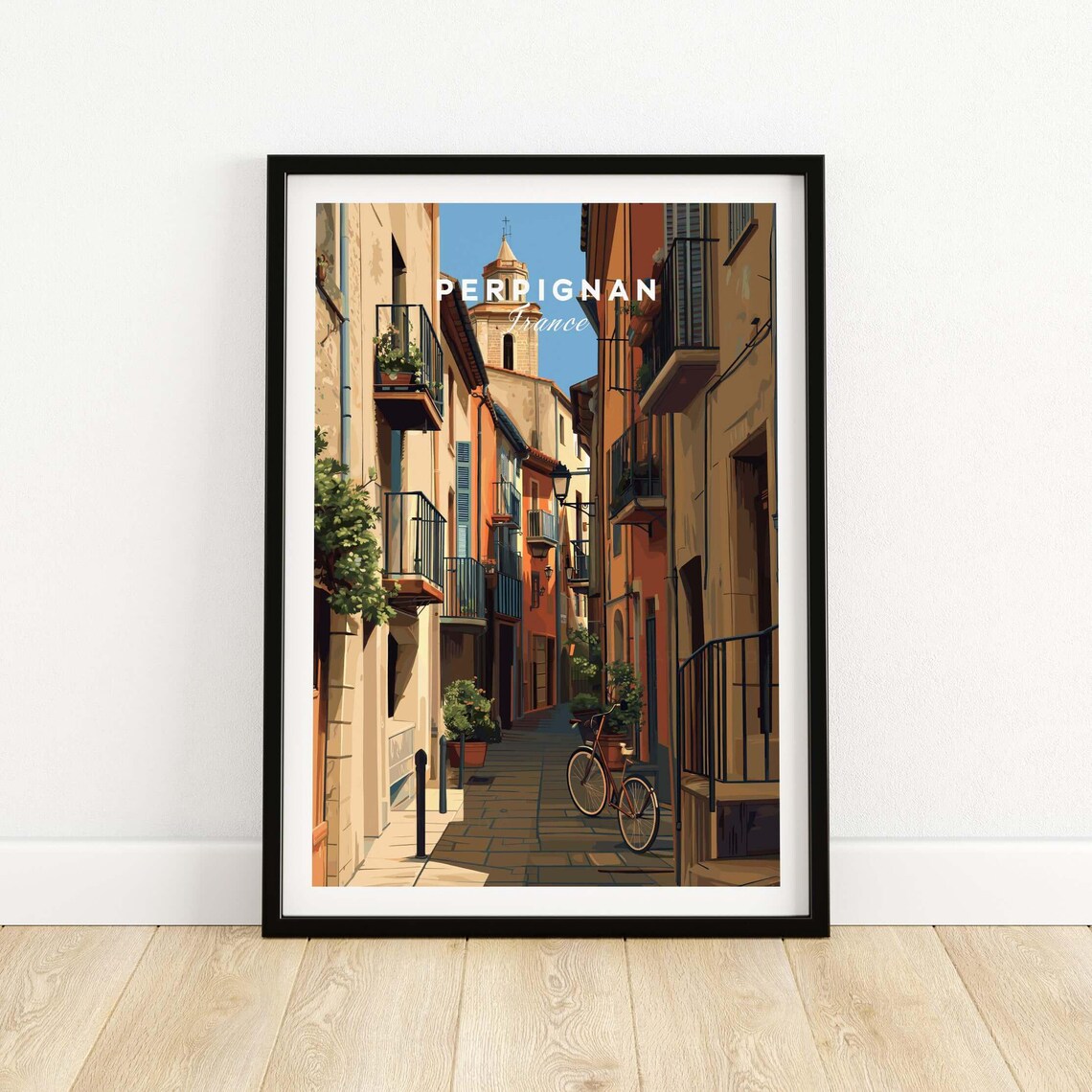 Perpignan France Village Street Bicycle Church Tower Vintage Poster