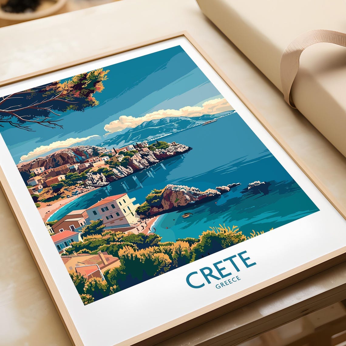Crete Greece Rocky Coastal Cliffs Whitewashed Village Blue Sea Poster