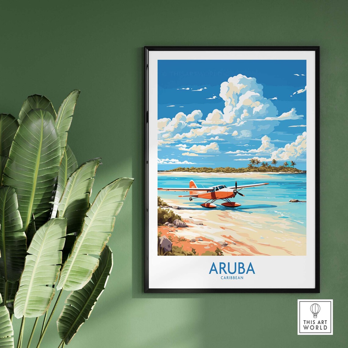 Aruba Caribbean Red Seaplane Tropical Beach Illustration Travel Poster - Image 2