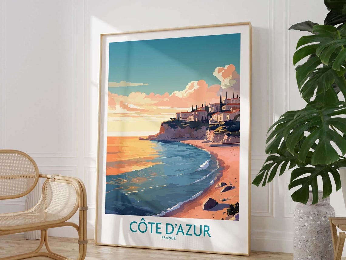 Côte d'Azur France Riviera Sunset Beach Cliffside Town Poster