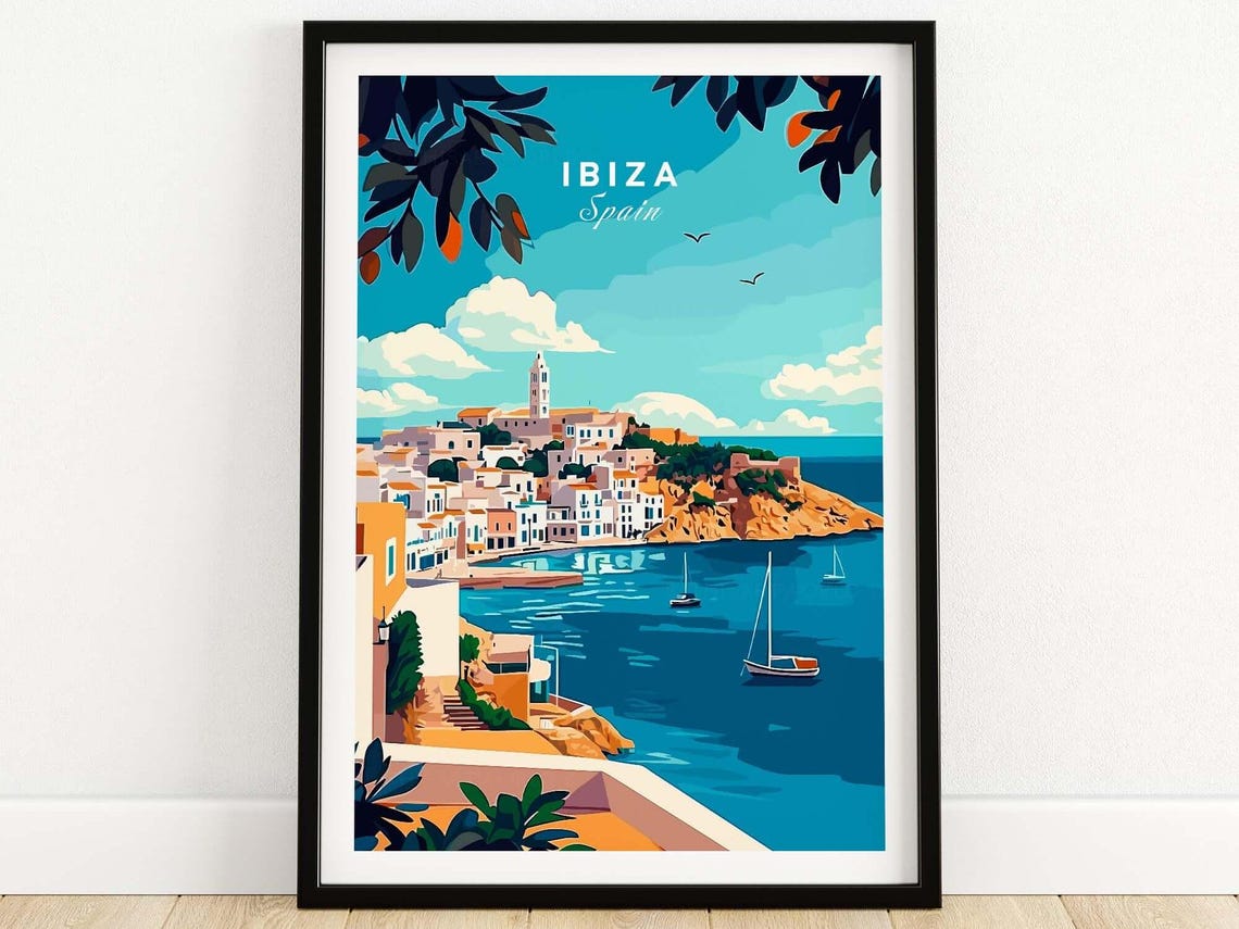 Ibiza Spain Old Town Hilltop Harbor Sailboats Turquoise Sea Poster