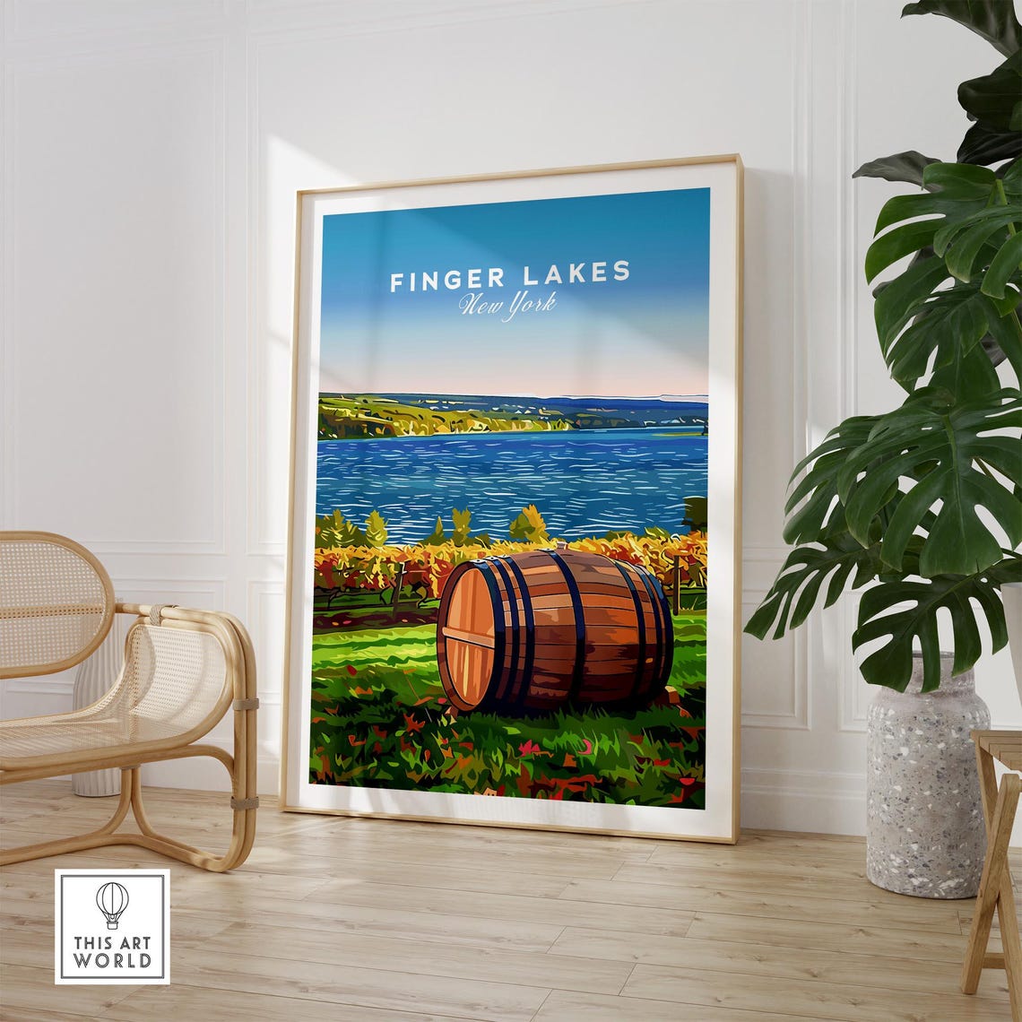 Finger Lakes New York Vineyard Wine Barrel Lakeside Art Poster - Image 3