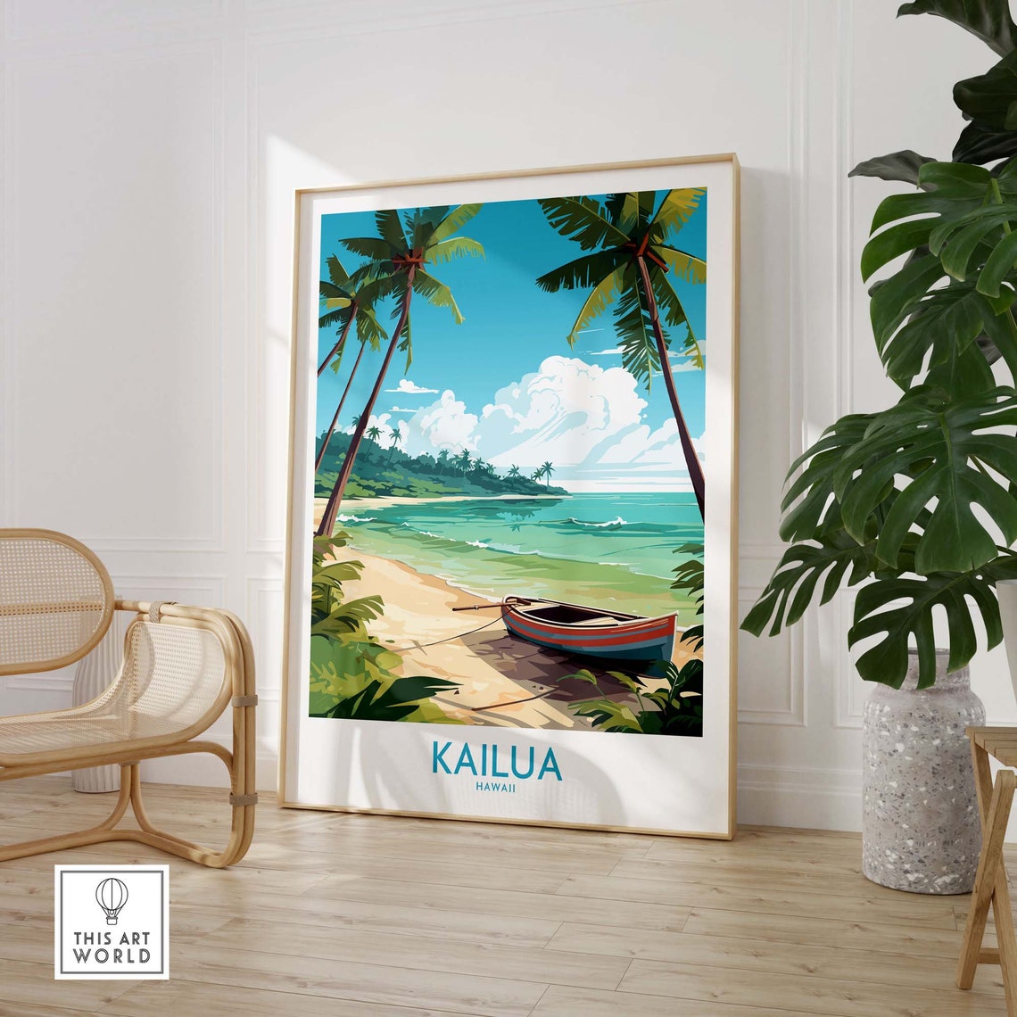Kailua Hawaii Palm Beach Outrigger Canoe Tropical Travel Poster - Image 3