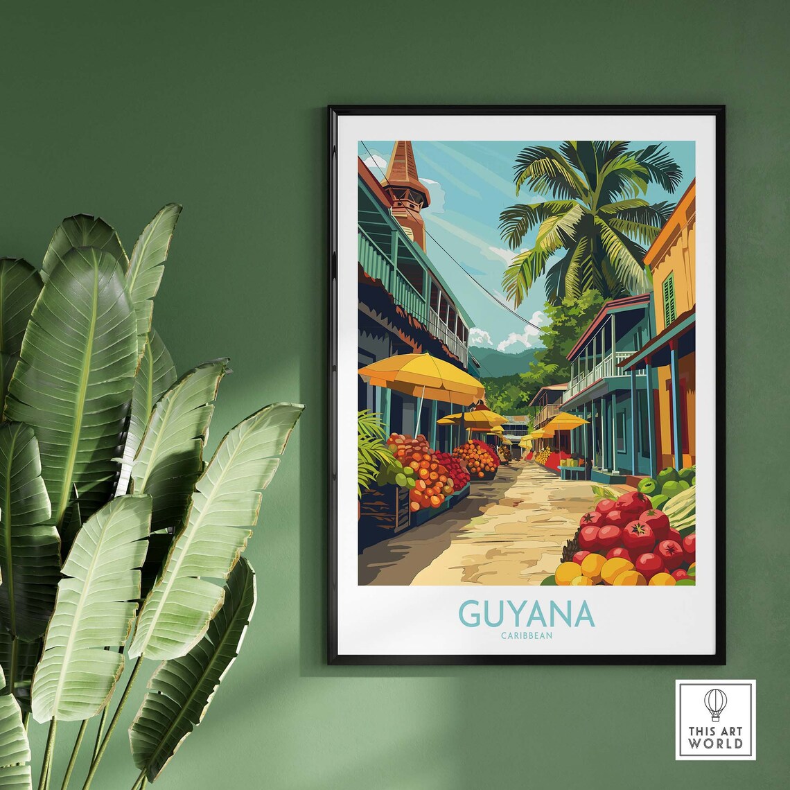 Guyana Caribbean Tropical Fruit Market Street Palm Scene Poster - Image 2