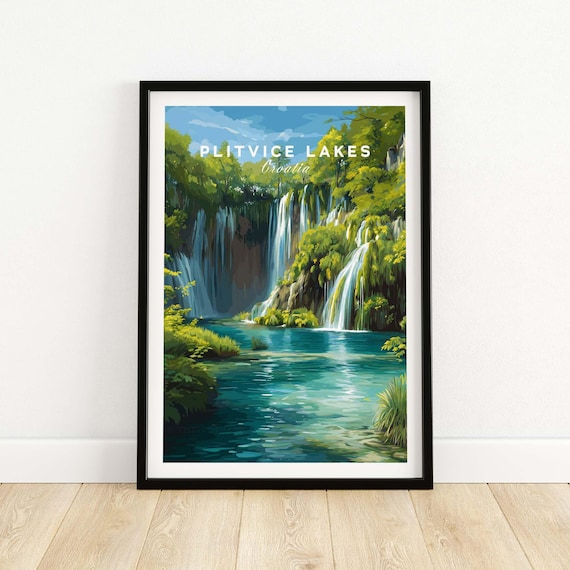 Plitvice Lakes Croatia Waterfall Turquoise Lake Vintage Style Poster