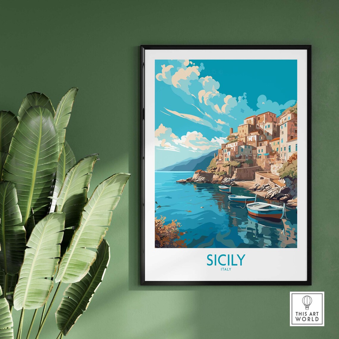 Sicily Italy Fishing Village Cliffs Moored Boats Coast Poster - Image 2