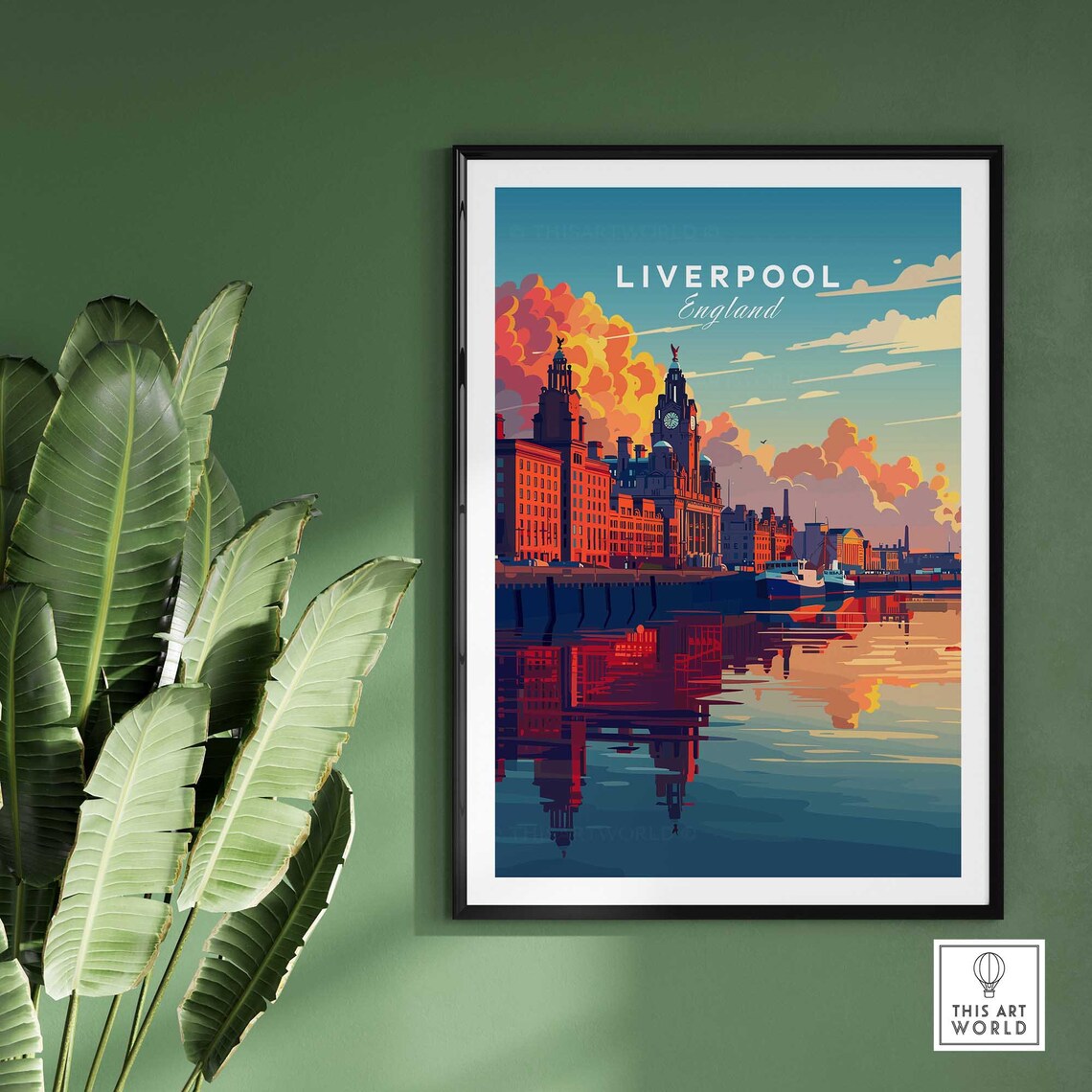 Liverpool England Sunset Waterfront Warehouses Reflections Travel Poster - Image 2