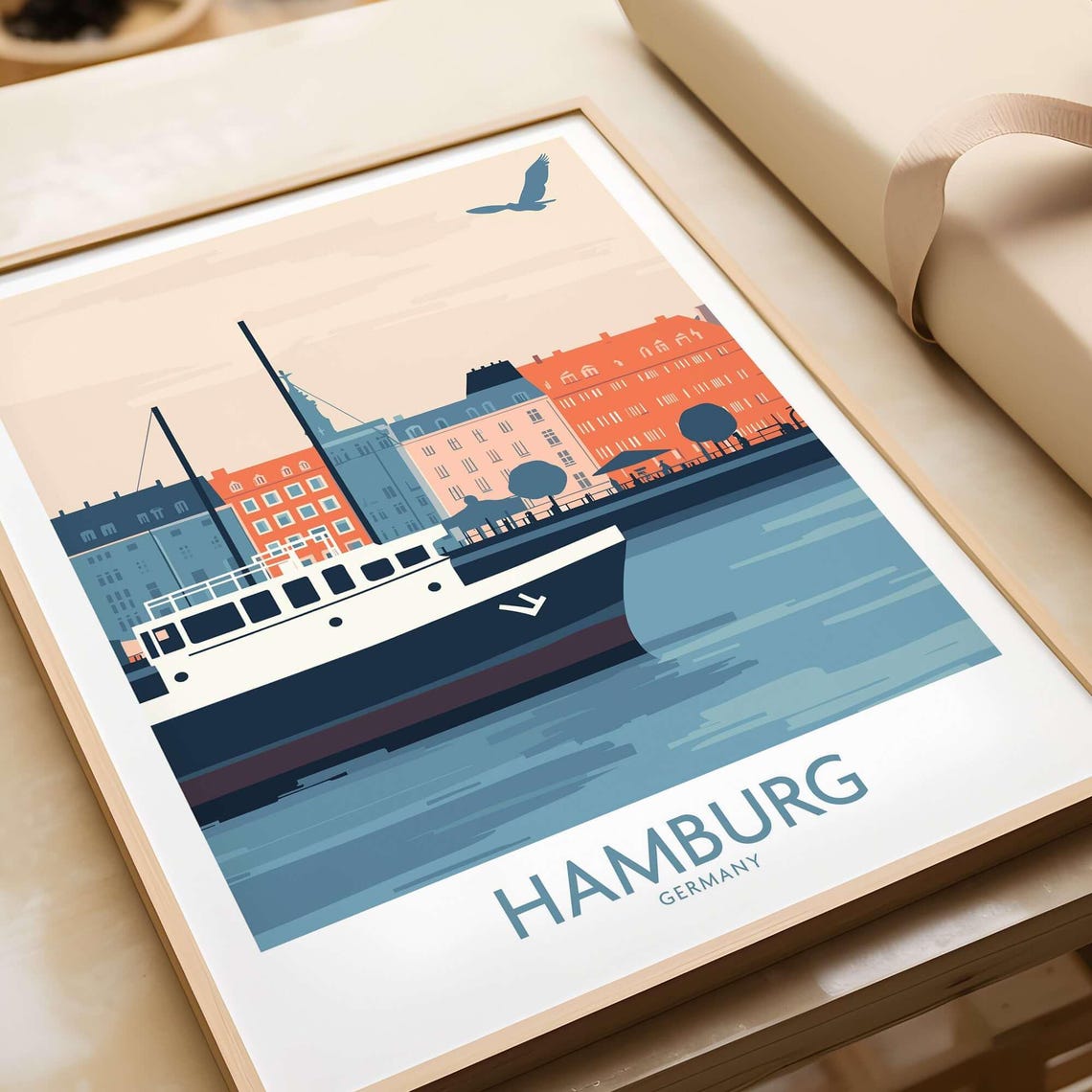 Historic Hamburg Germany Harbor Ship Brick Warehouses Travel Poster