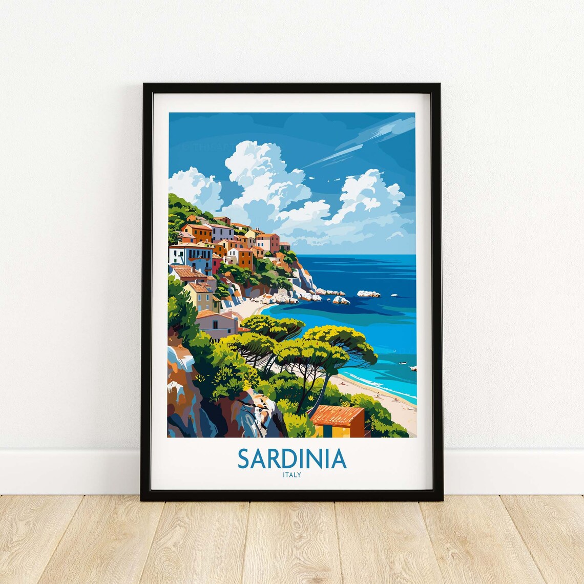 Sardinia Italy Colorful Coastal Village Seaside Travel Poster