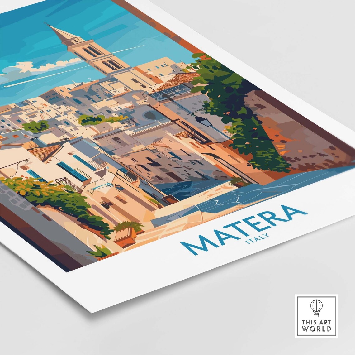 Matera Italy Old Town Street White Houses Bell Tower View Poster - Image 4