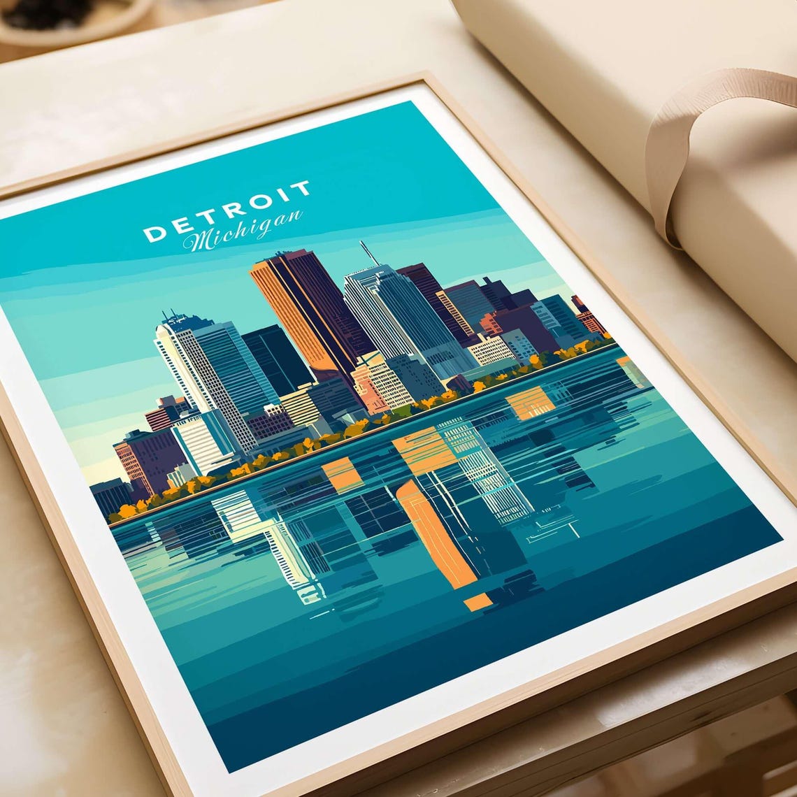 Detroit Michigan Turquoise Skyline Reflection Modern Travel Poster - Image 3