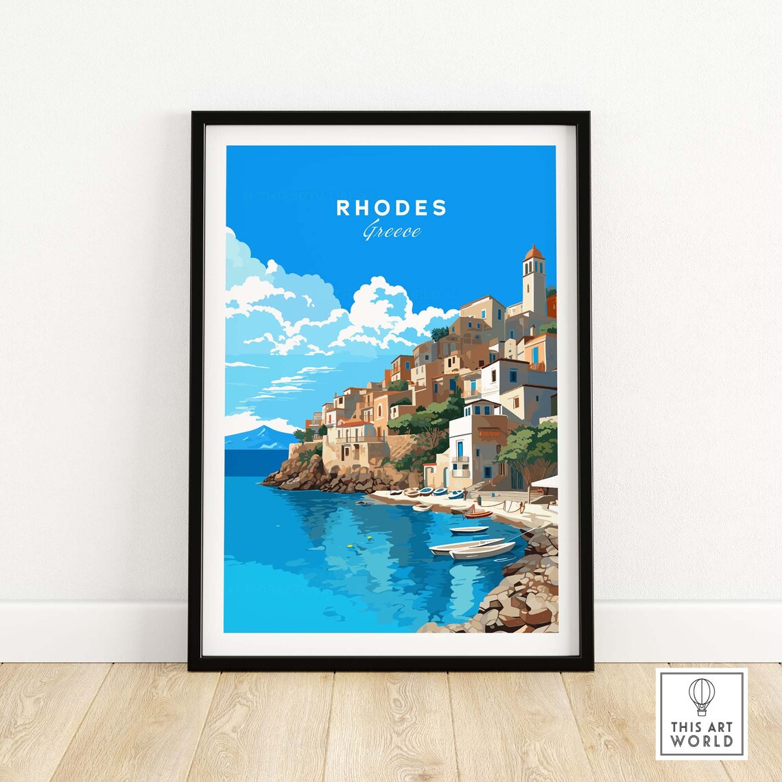 Rhodes Greece Harbor Town Boats Blue Sea Island Coast Travel Poster
