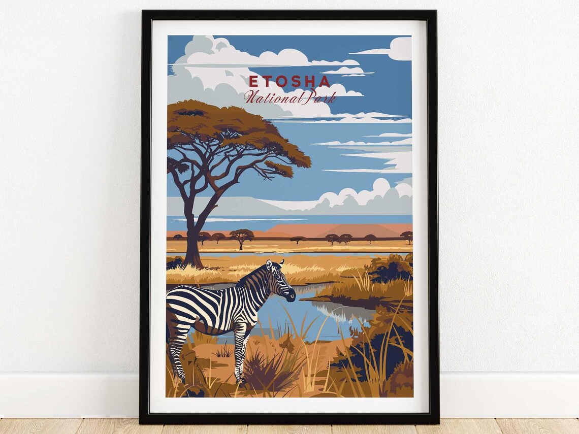 Etosha National Park Zebra Waterhole Namibia Vintage Travel Poster
