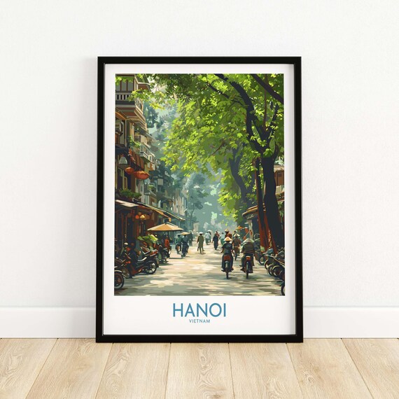 Hanoi Vietnam Old Street Vintage Travel Poster Asia Motorbike Scene Art