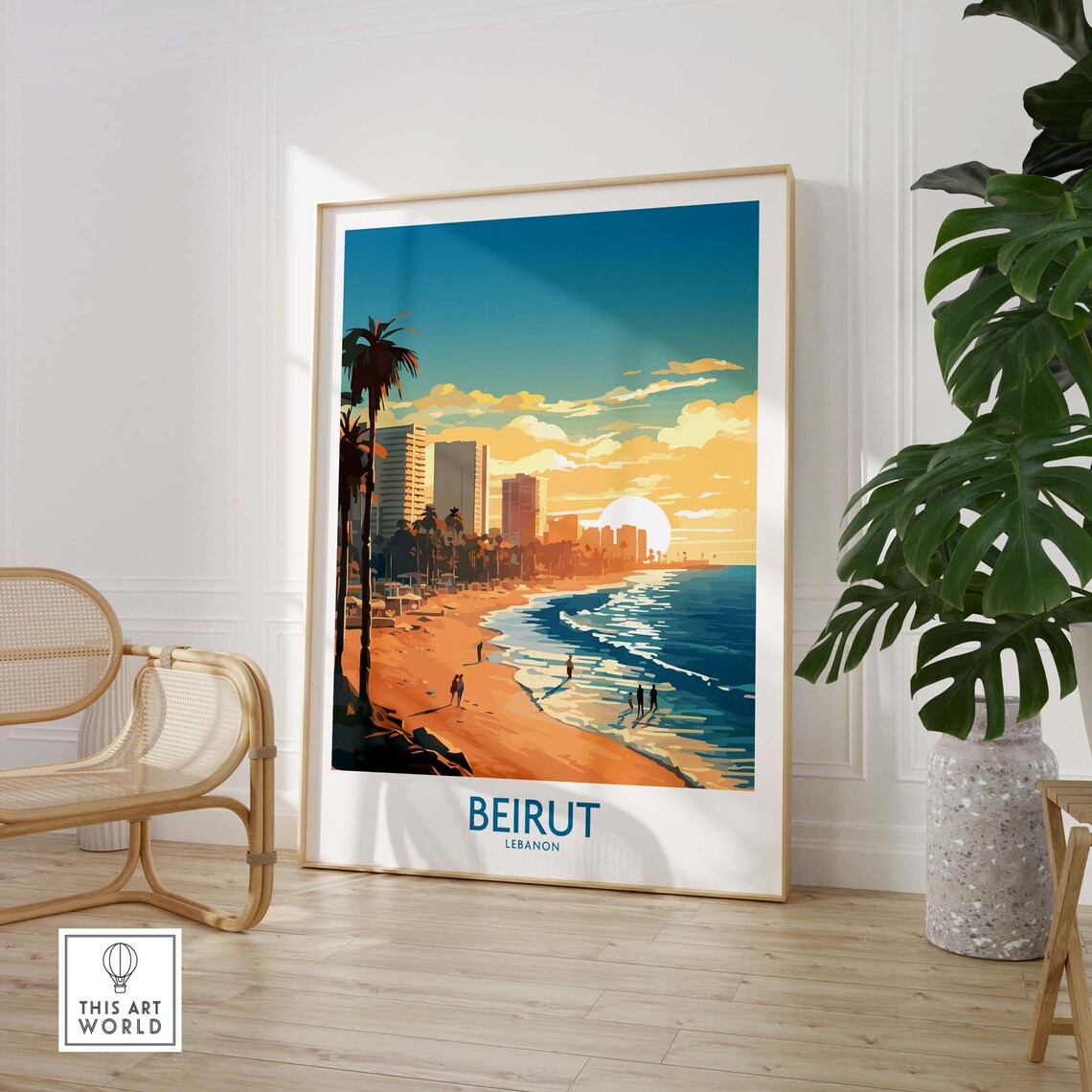 Beirut Lebanon Sunset Beach Palm Trees Seaside Skyline Travel Poster - Image 3