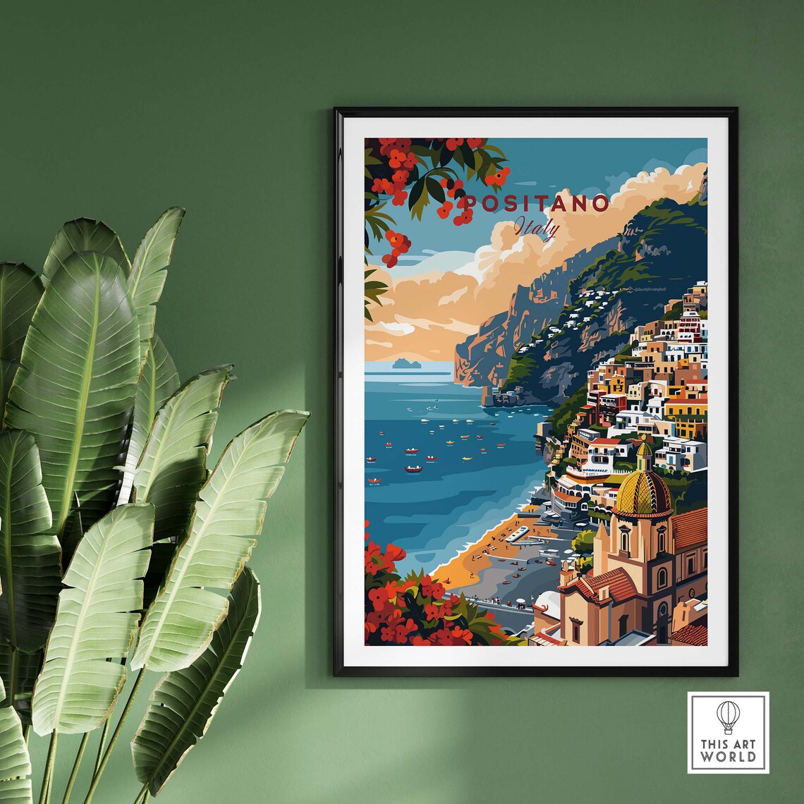 Positano Italy Beach Tiled Dome Church Red Flowers Bay Poster - Image 2