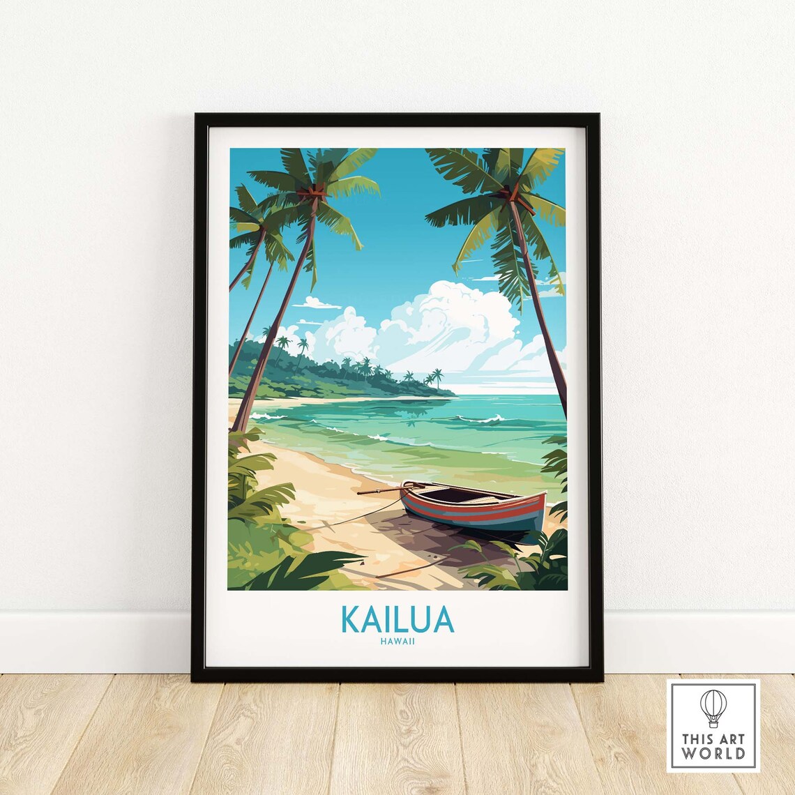 Kailua Hawaii Palm Beach Outrigger Canoe Tropical Travel Poster