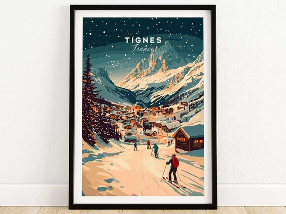 Tignes France Night Village Glowing Chalets with Skiers Travel Poster