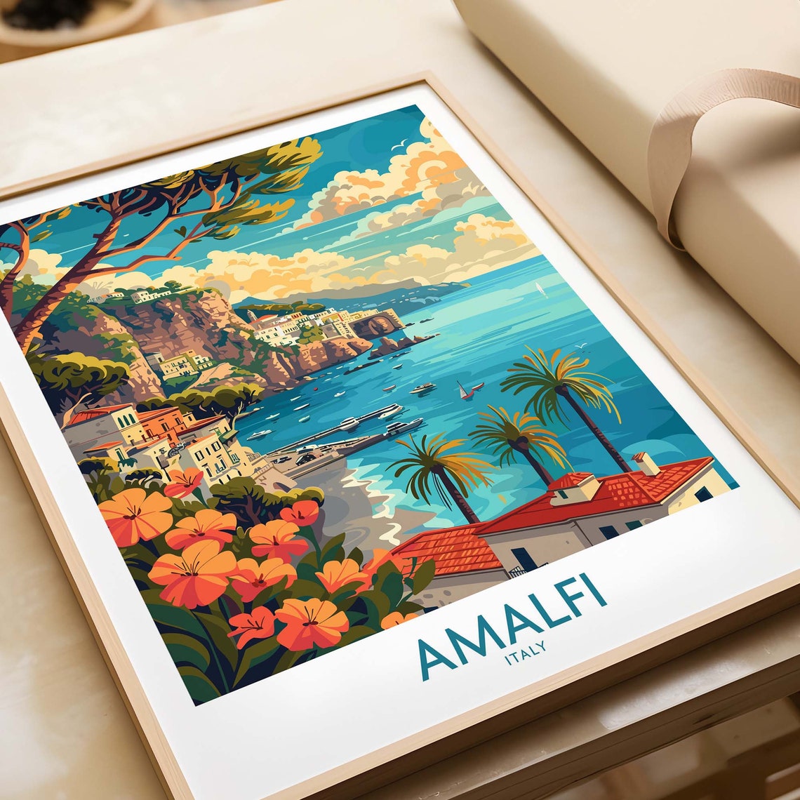 Amalfi Italy Coastal Cliffs and Palm Beach Vintage Travel Poster