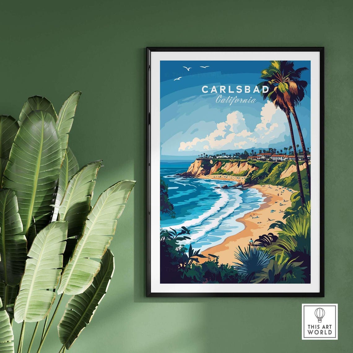 Carlsbad California Cliff Beach Surf Waves Palm Trees Travel Poster - Image 2