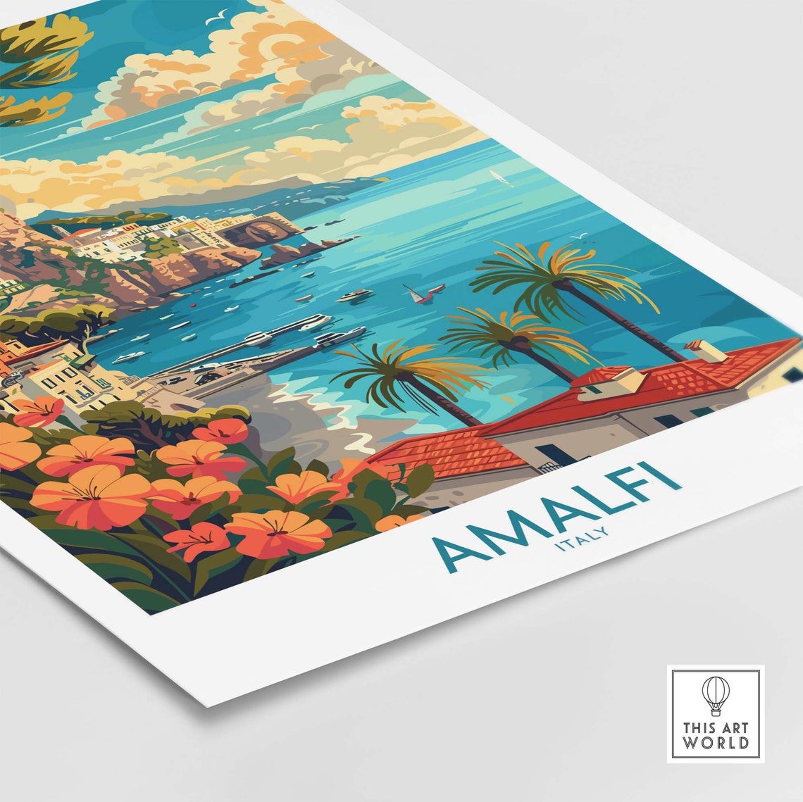 Amalfi Italy Coastal Cliffs and Palm Beach Vintage Travel Poster - Image 4