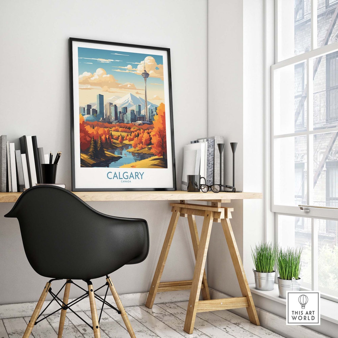 Calgary Canada Skyline Tower Autumn Trees Riverside View Poster - Image 4