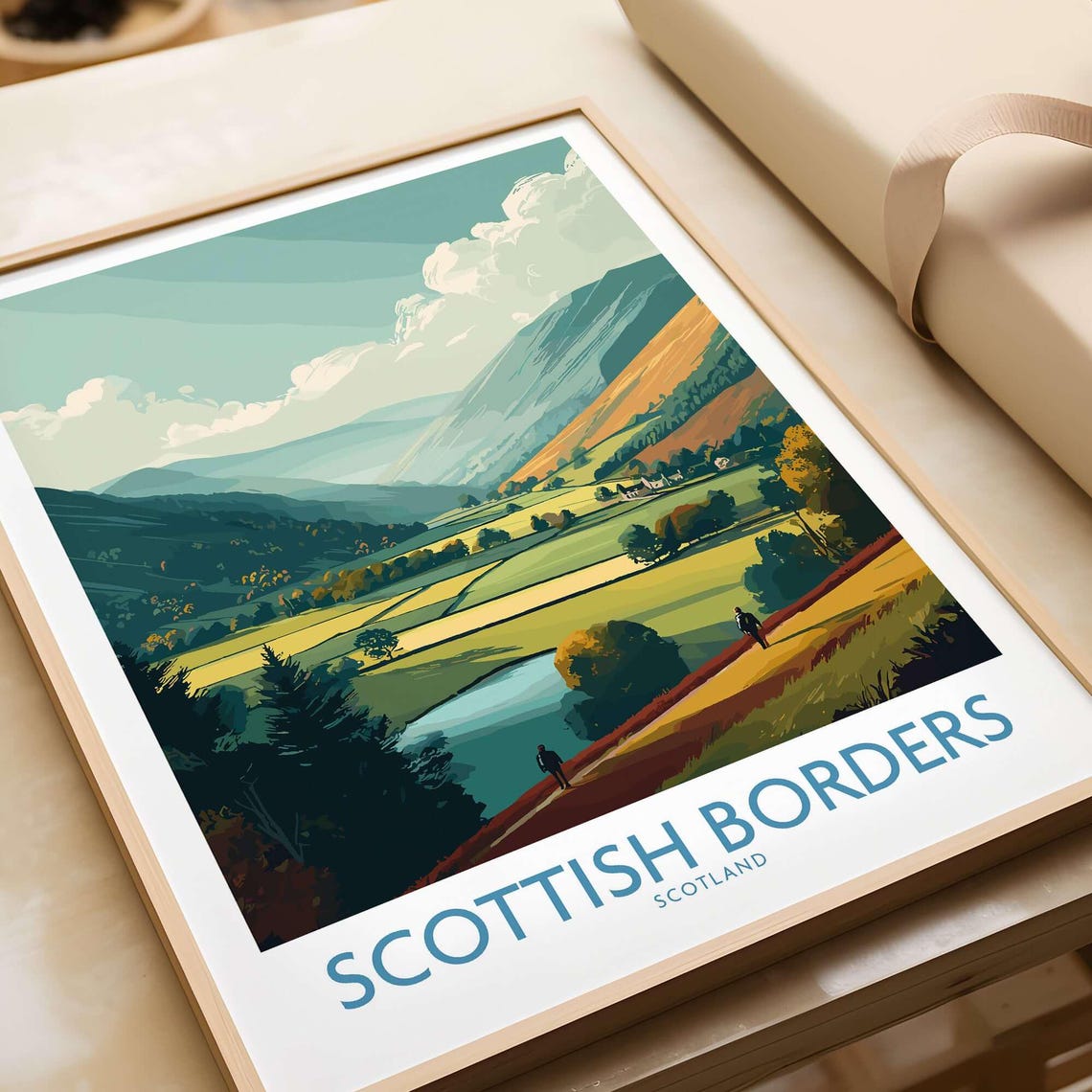 Scotland Valley Hikers Travel Poster Scottish Borders Landscape Print Wall Art Rural Gift Lovers Illustration Eildon Hills