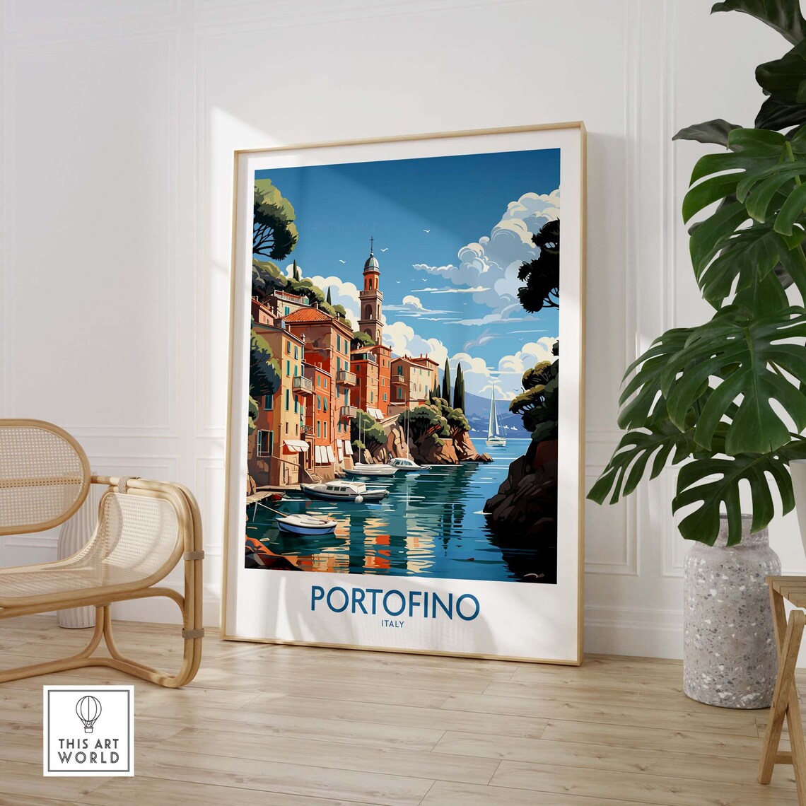 Portofino Italy Harbor Sailboats Bell Tower Coastal Travel Poster - Image 3