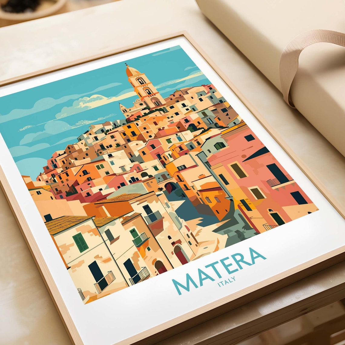 Matera Italy Colorful Cliffside Old Town Bell Tower Travel Poster