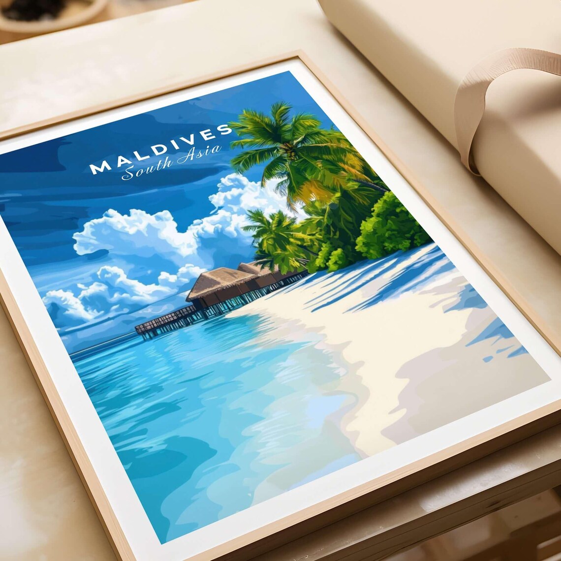 Maldives South Asia Tropical Beach Bungalow Vintage Travel Poster - Image 3