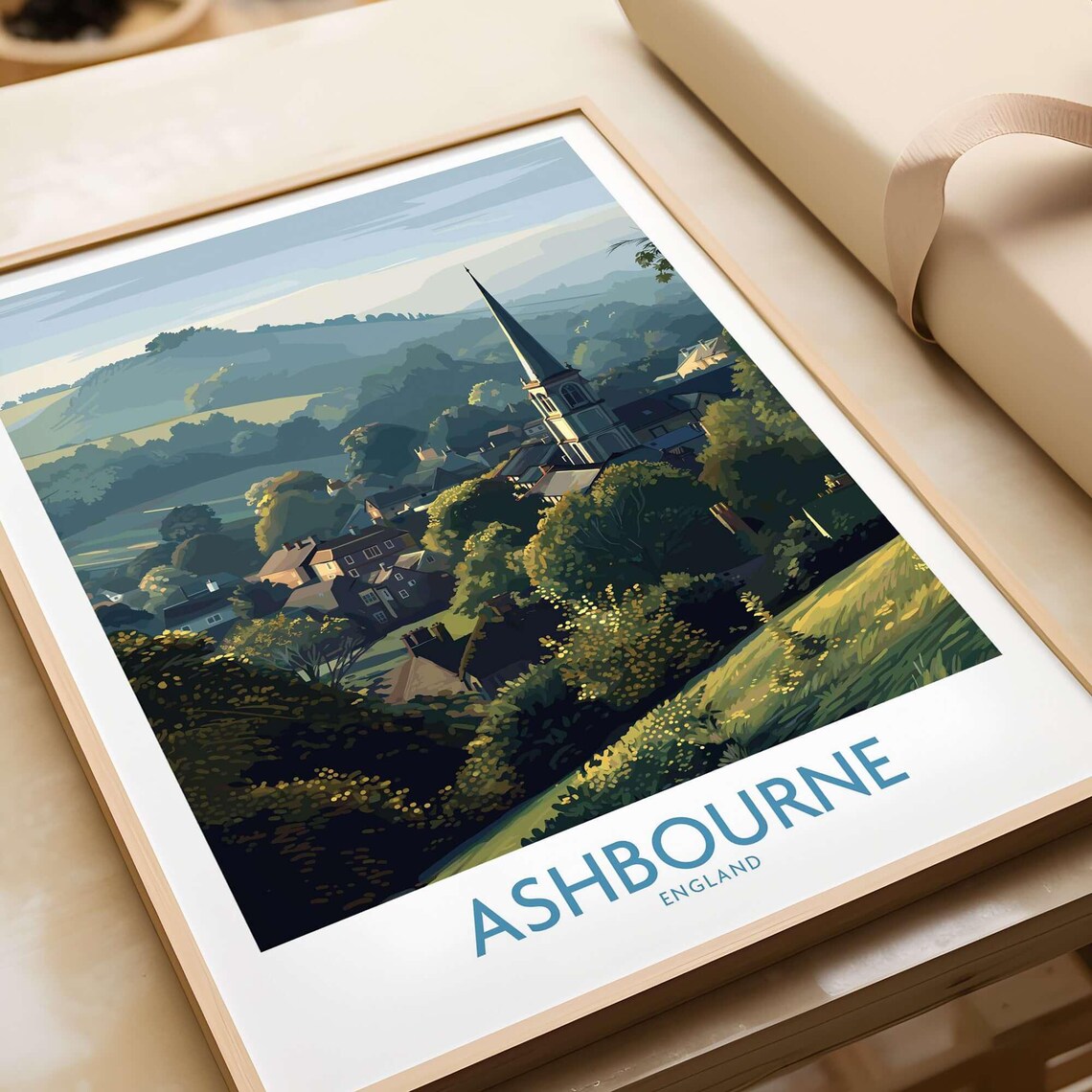Ashbourne England Church Spire Village Rolling Hills Travel Poster