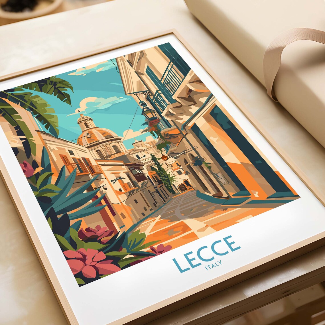 Lecce Italy Baroque Street Dome Flower Garden Vintage Travel Poster