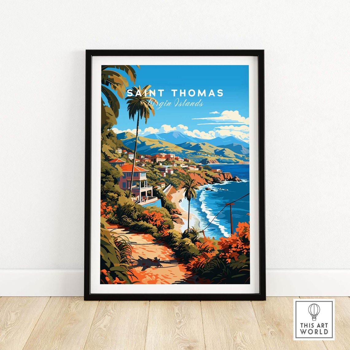 Saint Thomas Virgin Islands Tropical Coastline Town Travel Poster