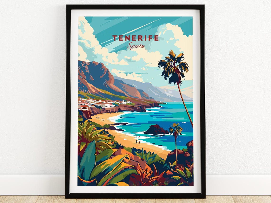 Tenerife Spain Beach Town Cliffs Palm Tree Ocean Scene Poster